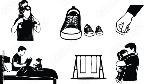 Flat design family icon set black silhouette series showing parent with child on shoulders parent carrying child hugging reading bedtime story shoes swing giving coin together
