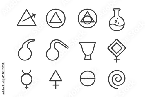 Alchemical Icon Collection. Line style icons of Alchemical Symbols: Transmutation, Prima Materia, Alchemical Symbol, Flask;