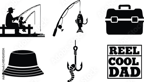 Flat design silhouette fishing icon set side view showing dad on dock casting rod with hat tackle box fish on hook reel cool dad text badge