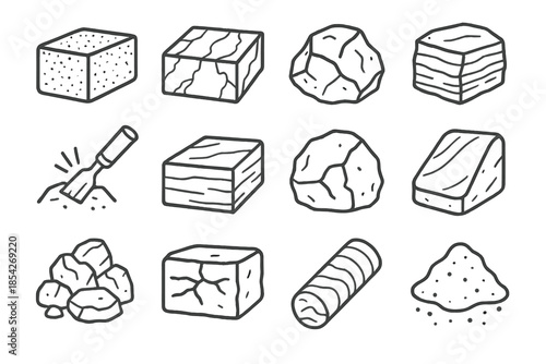 Stone Material Icons. Line style icons of stone materials: granite block, marble slab, limestone chunk, sandstone piece; chisel