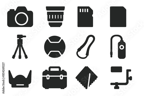 Photography Gear Icons. Solid style icons of Photography gear: DSLR camera, wide-angle lens, memory card, battery pack, tripod