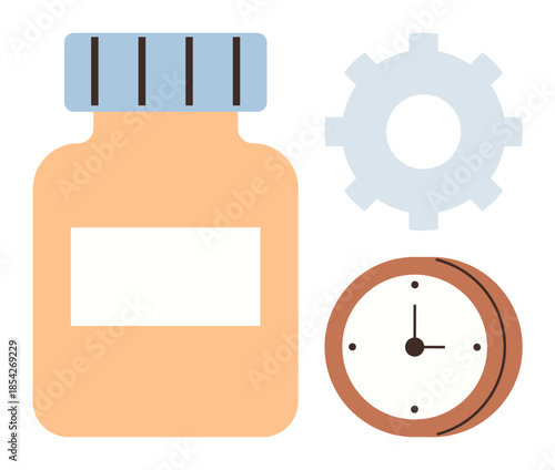 Pill bottle, gear, and clock emphasizing time management, productivity, and health. Ideal for healthcare, wellness, medication timing, productivity planning optimization simple flat metaphor