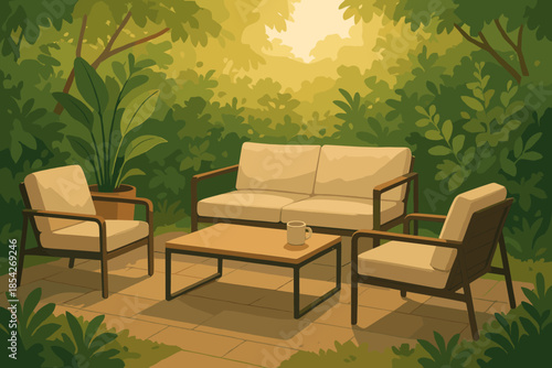 Modern Outdoor Retreat. Cozy outdoor seating area with modern furniture surrounded by lush greenery, soft natural vector