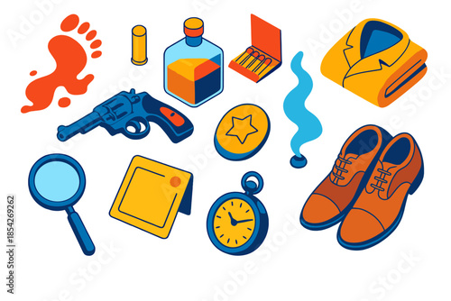 Noir Detective Icons. Isometric vector illustration set Noir Investigation: bloody floor trace, single bullet casing, square