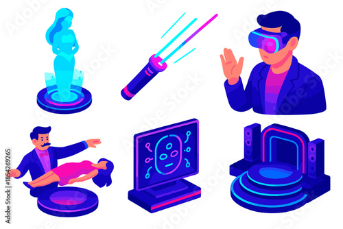 Futuristic Magic Innovations. Isometric vector illustration set Future of Magic Shows: holographic assistant, laser wand,