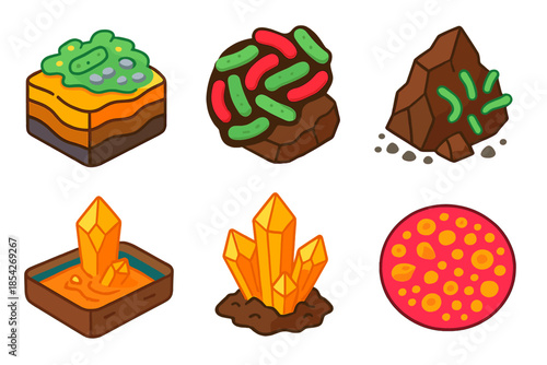 Geomicrobiology Icon Set. Solid style icons of Suborbital flight: reusable rocket, edge of space, zero-G, Earth's curvature,