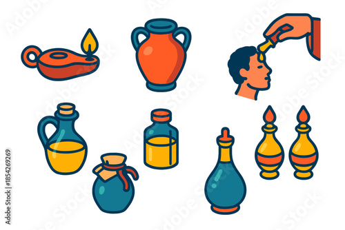 Ancient Oil Icons. Isometric vector illustration set Oleology: ancient oil lamps, olive oil jars, ritual anointing, cooking oils,
