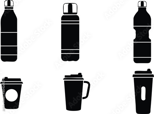 Flat design silhouette icons of three water bottle shapes and three coffee cup shapes front view on white background black solid minimal vector set clean modern