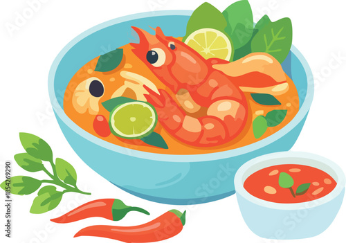 A colorful flat-style illustration of a bowl of Thai shrimp soup with lime slices, herbs, chili peppers, and a small bowl of dipping sauce