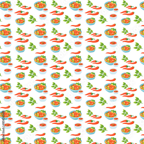 A seamless repeating pattern featuring colorful flat illustrations of Thai shrimp soup bowls, red chili peppers, basil leaves, and dipping sauce