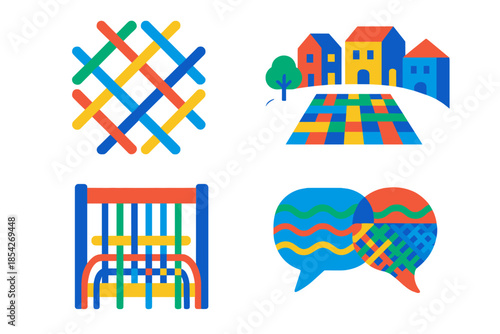 Community Tapestry Icons. Flat vector icons of social weaving: interlaced pattern symbolizing community bonds, town square