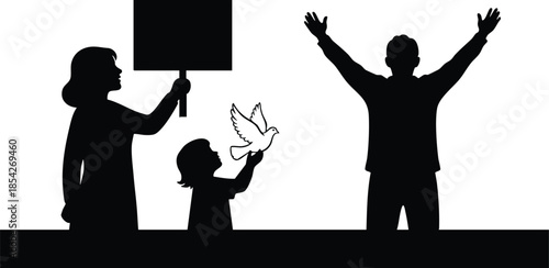Silhouette vector family protest scene woman holding blank sign child releasing dove man with raised arms side profile high contrast black and white minimal composition peaceful