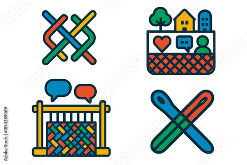 Connected Fabric Icons. Flat vector icons of shared fabric design: woven network representing connection, urban tapestry with