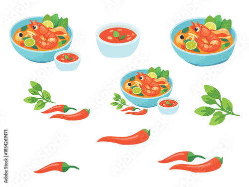 A flat-style illustration set featuring bowls of Thai shrimp soup, red chili peppers, basil leaves, and small bowls of dipping sauce arranged
