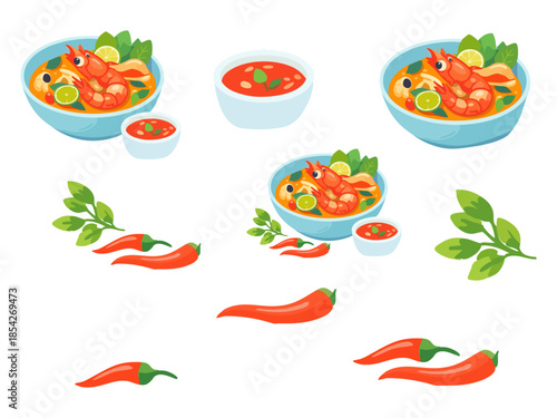 A flat-style illustration set featuring bowls of Thai shrimp soup, red chili peppers, basil leaves, and small bowls of dipping sauce arranged