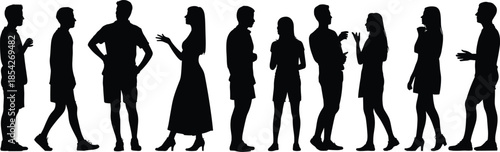 Collection of standing people silhouettes in casual poses talking and interacting, perfect for architectural visualization, urban crowds, and social networking