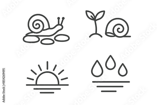 Nature's Steady Path. Line style icons of perseverance in nature: snail on stone path, tiny sprout beside shell, rising sun, dew