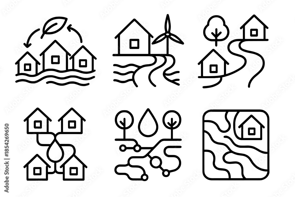 Fototapeta premium Sustainable Water Settlement Icons. Line style icons of sustainable water settlements: eco-housing flow, renewable stream