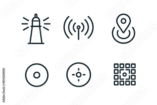 Beacon System Icons. Line style icons of gentle beacon systems: minimal tower outline, concentric light waves, navigation signal