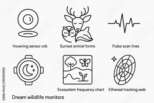 Dream Wildlife Icons. Line style icons of dream wildlife monitors: hovering sensor orb, surreal animal forms, pulse scan lines,