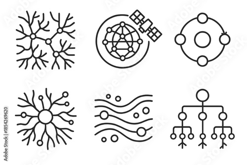 Interstellar Mycelium Networks. Line style icons of orbital mycelium networks: interconnected fungal threads, satellite