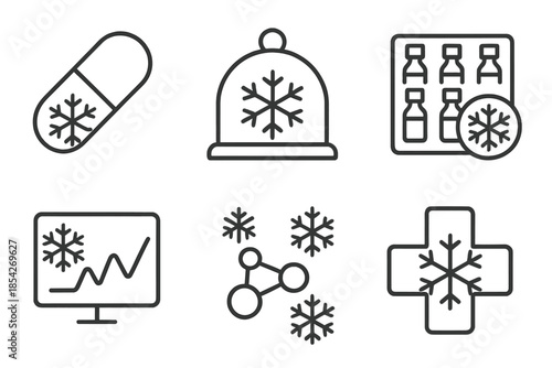 Icy Medical Icons. Line style icons of ice-bound medicine systems: cooling capsule icon, frozen preservation dome, cryogenic vial
