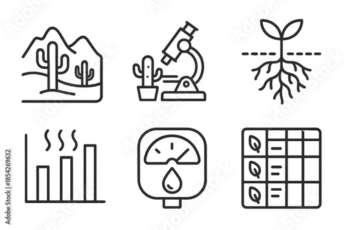 Arid Research Icons. Line style icons of arid adaptation researchers: desert landscape outline, microscope with cactus icon, root