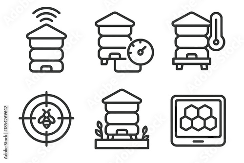 Rooftop Hive Icons. Line style icons of rooftop hive monitors: smart hive sensor, honey flow gauge, temperature hive tracker, bee