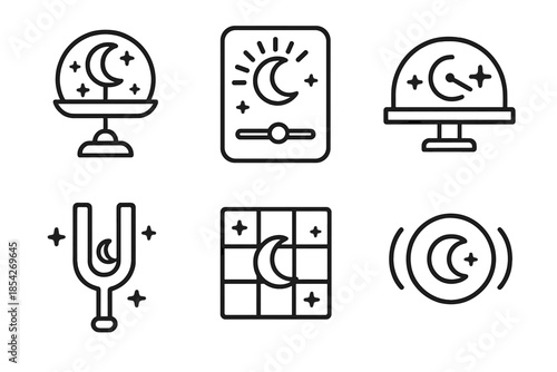 Nocturnal Harmony Icons. Line style icons of nocturnal harmony tools: moonlight balance dial, night energy modulator, dream-phase
