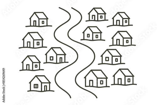 Riverside Village Icons. Line style icons of houses arranged along flowing river lines: riverside village map, curved waterway