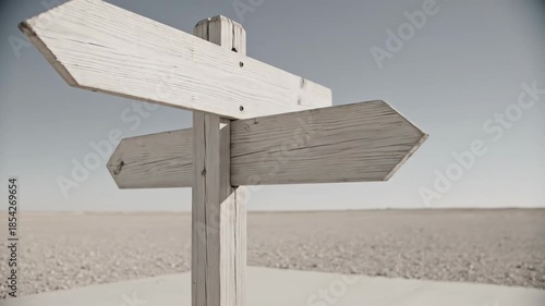 White wooden signpost arrow pointing multiple directions in empty desert landscape calm lonely mood