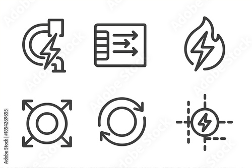 Anger Energy Icons. Line style icons of anger energy redirectors: dynamic power conduit, venting channel diagram, controlled flame