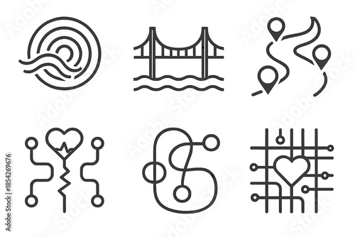 Mnemonic Continuity Icons. Line style icons of mnemonic continuity systems: layered time ripple, recall bridge pattern, cognitive
