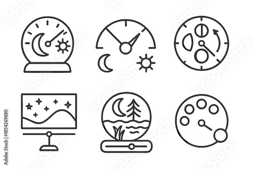 Night Environment Balancers. Line style icons of night environment balancers: lunar equilibrium dial, dark-light harmony gauge,