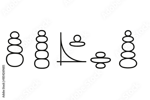 Balanced Rock Icons. Line style icons of balanced rocks as task equilibrium: stacked stone tower, harmony pillar symbol, stability