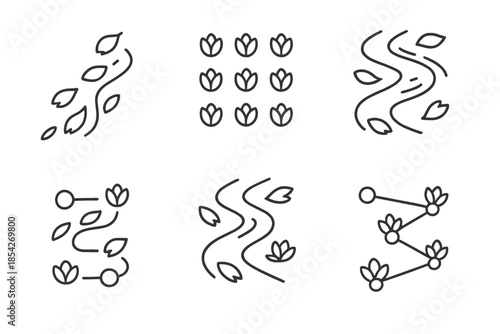 Drifting Petal Icons. Line style icons of flower petals floating downstream marking progress: drifting petal path, sequential