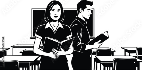 Minimalist vector art close up two students standing back to back holding books in classroom female looking at camera male looking away school uniforms black white