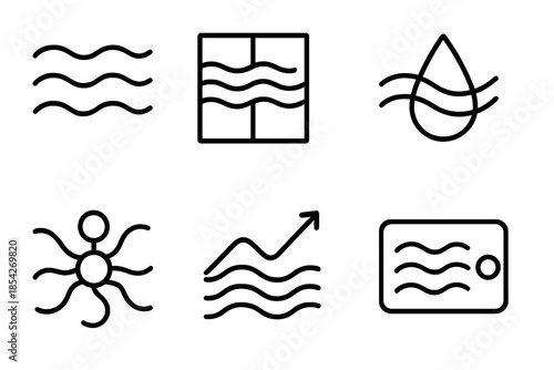 Fluid Harmony Icons. Line style icons of fluid harmony markers: balanced current diagram, rhythmic flow grid, harmonious water