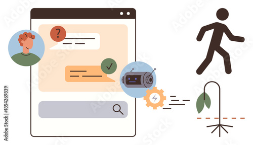Person chatting through interface, robot communicating, gear driving action, withered plant representing ecological issues. Ideal for chat, AI, environment, technology, human interaction automation