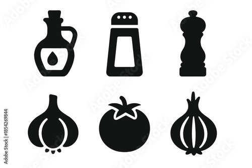 Cooking Ingredients Icons. Solid style icons of cooking ingredients: olive oil bottle, salt shaker, pepper grinder, garlic bulb,