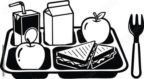 Line art overhead cafeteria lunch tray with sandwich apple milk carton juice box and fork bold high contrast school meal compartmentalized plastic monochrome icon flat graphic