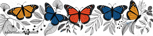 Colorful monarch butterflies on hand drawn floral border, vintage botanical line art with orange and blue insects, nature design element