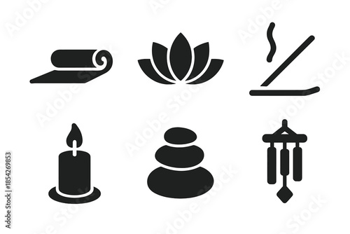 Tranquil Alignment Icons. Solid style icons of tranquil alignment symbols: meditation mat, lotus flower, incense stick, candle,