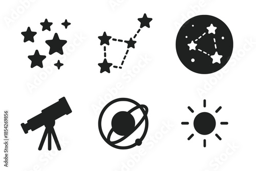 Constellation Icon Set. Solid style icons of constellation memory patterns: star cluster, connecting lines, celestial map,