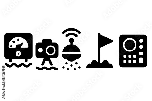 Ocean Floor Survey Icons. Solid style icons of ocean floor survey devices: depth meter, underwater camera, GPS beacon, survey flag
