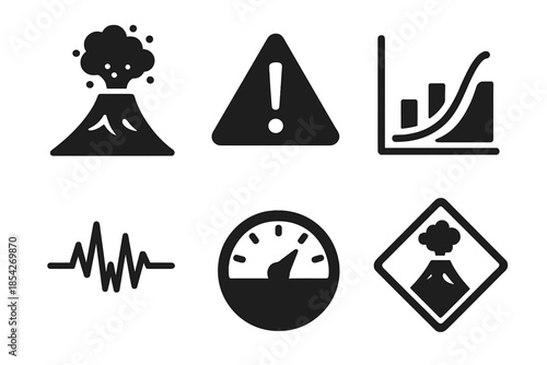 Eruption Probability Icons. Solid style icons of eruption probability tools: volcano, warning sign, timeline chart, seismic wave,