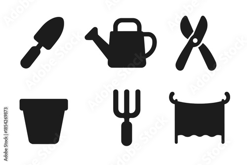 Shade Cultivation Tools. Solid style icons of shade cultivation tools: trowel, watering can, pruning shears, plant pot, garden