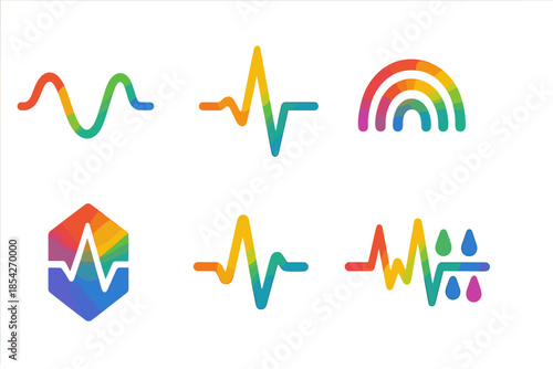 Spectrum Heartbeat Icons. Solid style icons of spectrum heartbeat monitors: rainbow waves, pulse indicators, light arcs, frequency