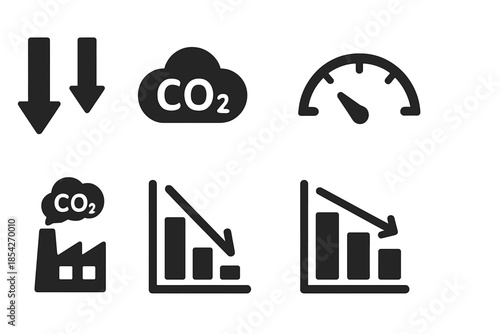 Emission Reduction Icons. Solid style icons of emission reduction tracking: downward arrows, CO2 symbols, gauge meters, progress