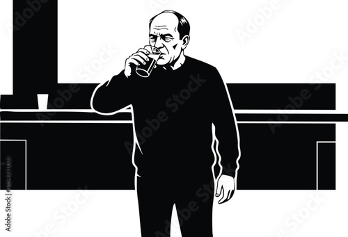 Silhouette vector man drinking from glass standing at bar counter looking at camera close up high contrast black and white composition backlit isolated minimalist urban scene